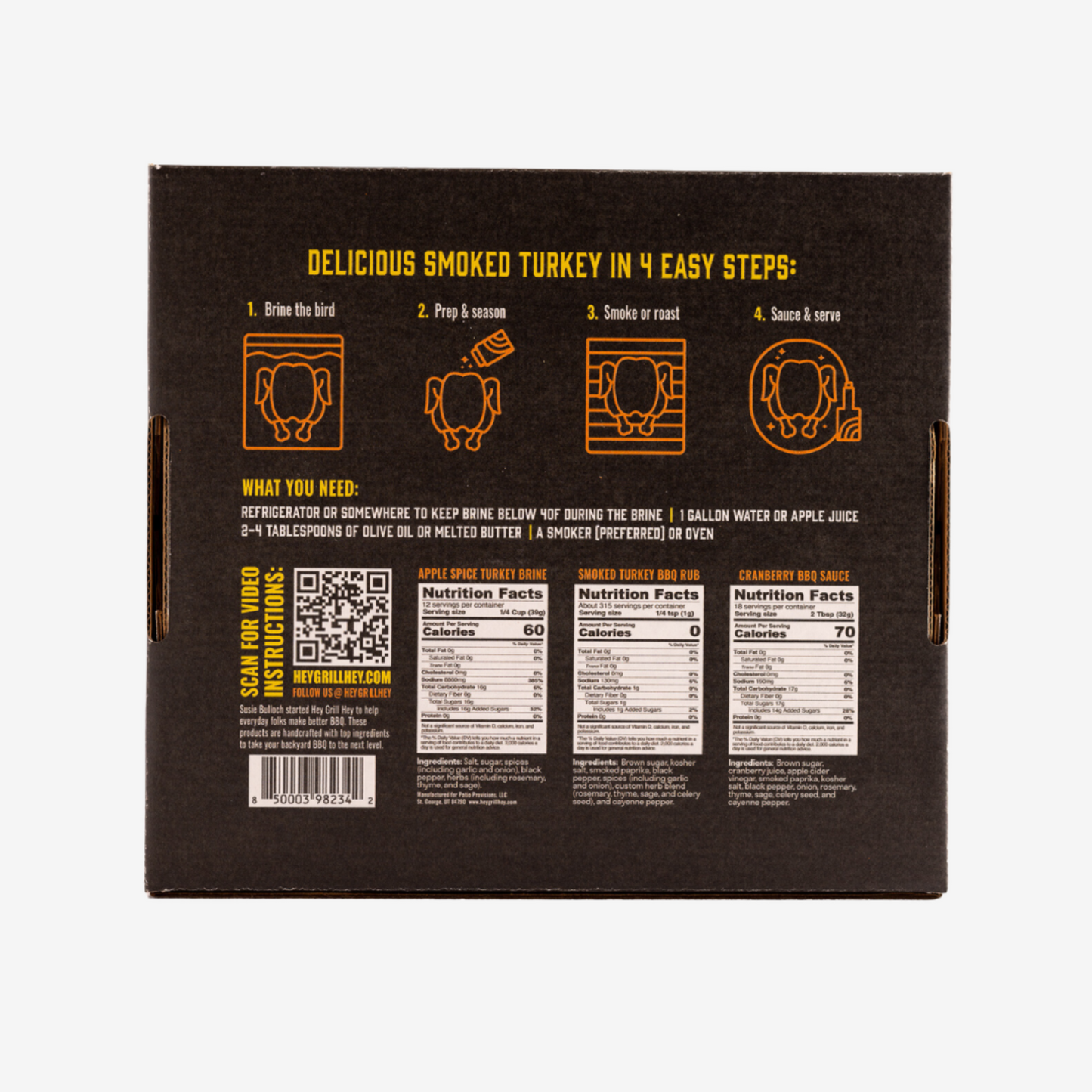 The back of the box for the Smoked Turkey Brine and Seasoning Kit. the box says "Delicious Smoked Turkey in 4 Easy Steps: 1. Brine the bird 2. Prep & Season 3. Smoke or roast 4. Sauce & serve.