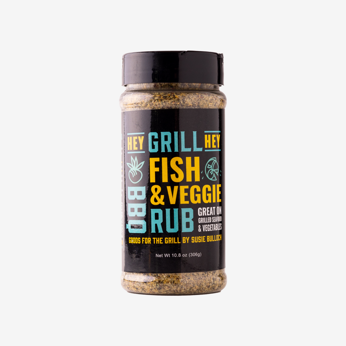 A bottle of Hey Grill Hey Fish and Veggie Rub against a white background.