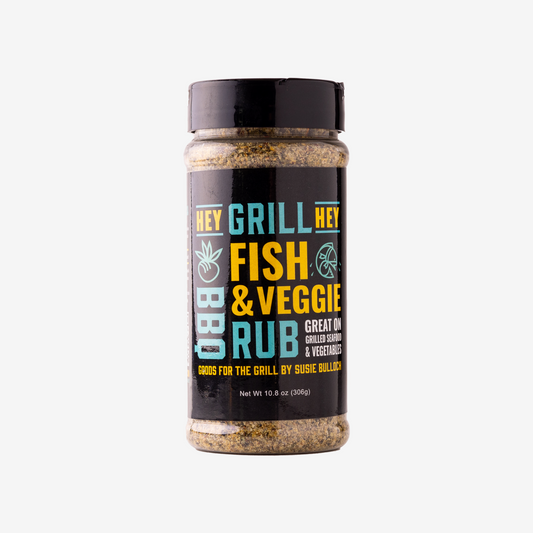 A bottle of Hey Grill Hey Fish and Veggie Rub against a white background.