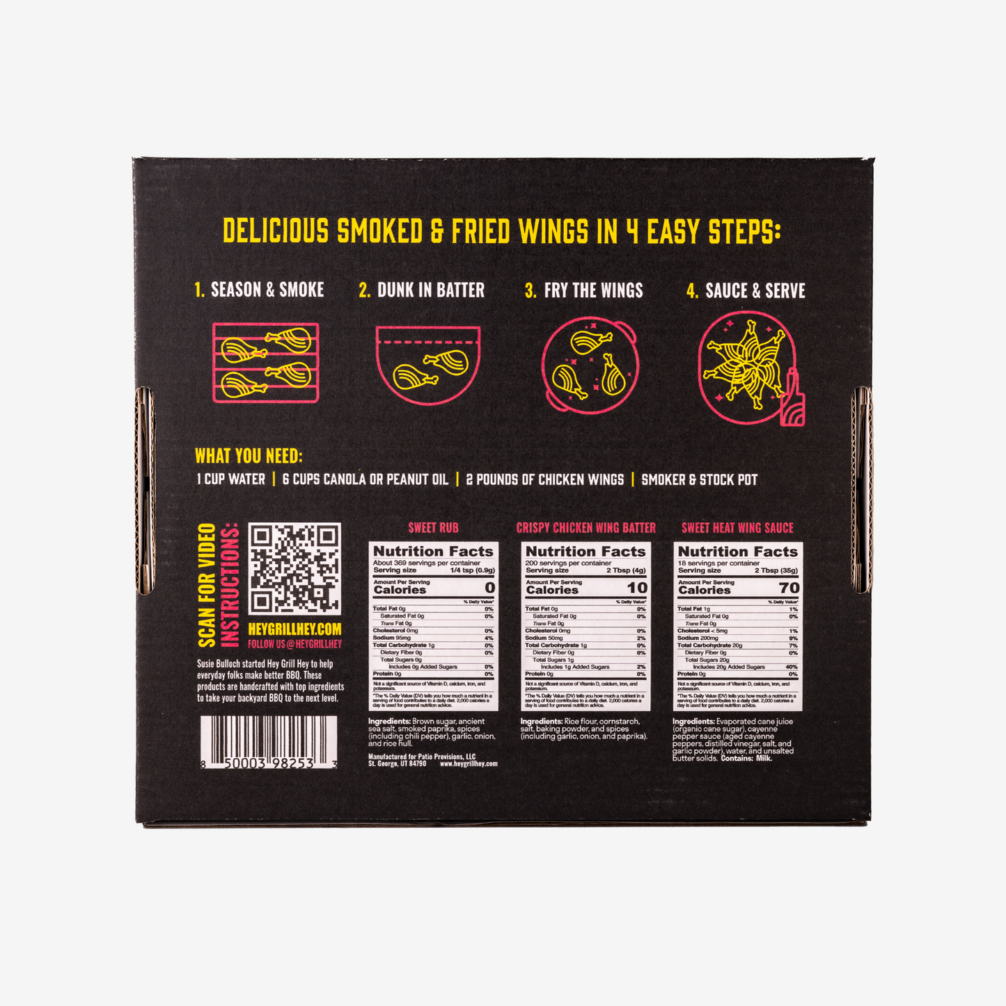 Back of the Hey Grill Hey Wing Kit Box against a white background. The back of the box reads "Delicious Smoked & Fried Wings in 4 Easy Steps: 1. Season and Smoke. 2. Dunk in Batter. 3. Fry the Wings. 4. Sauce and Serve. What you Need: 1 Cup water, 6 cups canola or peanut oil, 2 pounds of chicken wings, Smoker and Stock Pot."