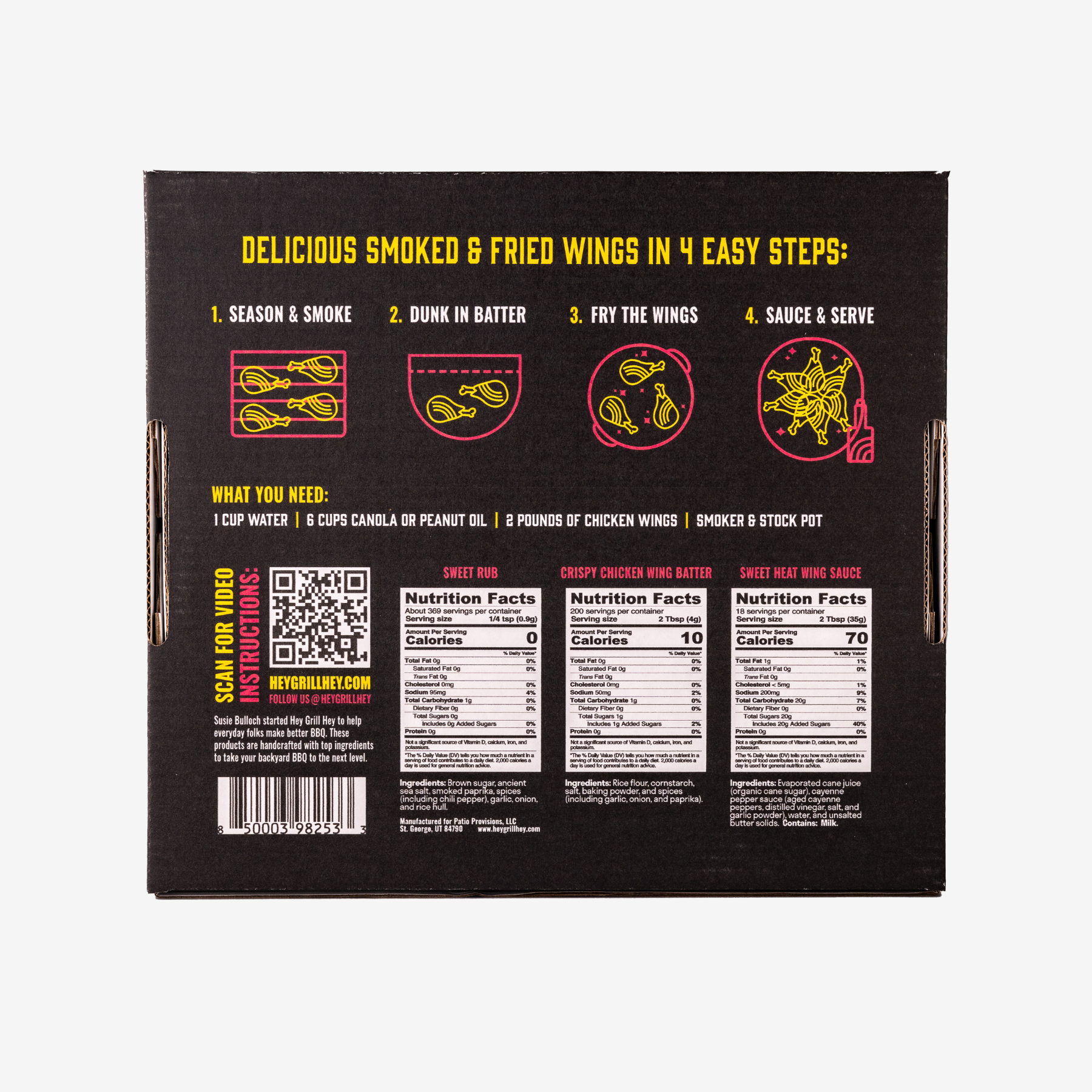 Back of the Hey Grill Hey Wing Kit Box against a white background. The back of the box reads "Delicious Smoked & Fried Wings in 4 Easy Steps: 1. Season and Smoke. 2. Dunk in Batter. 3. Fry the Wings. 4. Sauce and Serve. What you Need: 1 Cup water, 6 cups canola or peanut oil, 2 pounds of chicken wings, Smoker and Stock Pot."